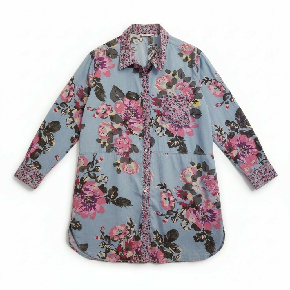 Soft Surroundings Cabbage Rose Shabby Chic Pink Blue Fine Cotton Tunic Top Sz 3X